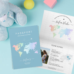 Modern Dusty Blue Passport World Map Kinderdusche Einladung