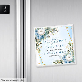 Modern Dusty Blue Peonies Gold Rett Date Magnet