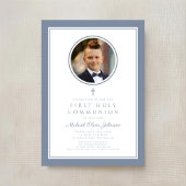 Modern Dusty Blue Photo Boy First Communion Einladung