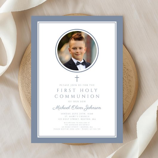 Modern Dusty Blue Photo Boy First Communion Einladung
