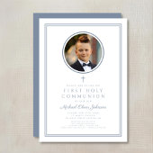 Modern Dusty Blue Photo Boy First Holy Communion Einladung