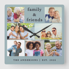 Modern Dusty Blue Photo Collage Family Friends Quadratische Wanduhr