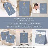 Modern Dusty Blue Religious Boy First Communion Dankeskarte
