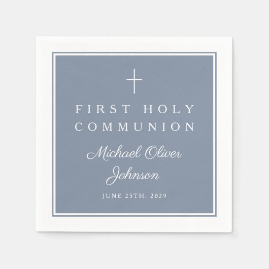 Modern Dusty Blue Religious Boy First Communion Serviette (Vorderseite)