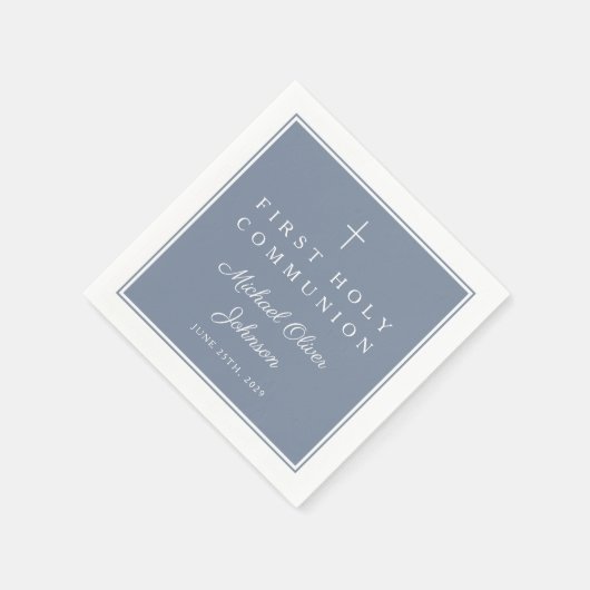 Modern Dusty Blue Religious Boy First Communion Serviette (Ecke)