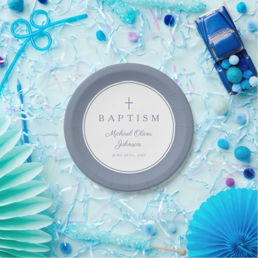 Modern Dusty Blue Religious Cross Baptism Pappteller (Party)