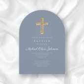Modern Dusty Blue Religious Cross Boy Baptism Arch Einladung