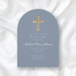 Modern Dusty Blue Religious Cross Boy Baptism Arch Einladung