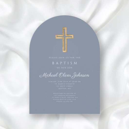 Modern Dusty Blue Religious Cross Boy Baptism Arch Einladung