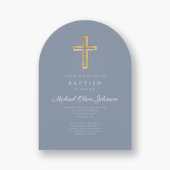 Modern Dusty Blue Religious Cross Boy Baptism Arch Einladung