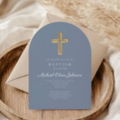 Modern Dusty Blue Religious Cross Boy Baptism Arch Einladung