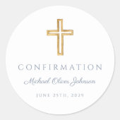 Modern Dusty Blue Religious Cross Boy Confirmation Runder Aufkleber (Vorderseite)