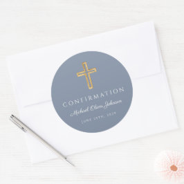 Modern Dusty Blue Religious Cross Boy Confirmation Runder Aufkleber