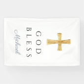 Modern Dusty Blue Religious Cross Boy God Bless Banner (Horizontal)