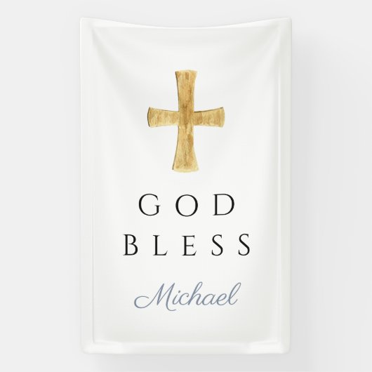 Modern Dusty Blue Religious Cross Boy God Bless Banner (Vertikal)