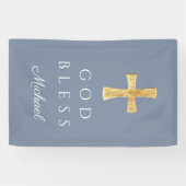 Modern Dusty Blue Religious Cross Boy Gott segne Banner (Horizontal)