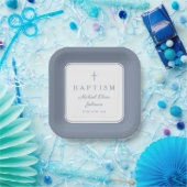 Modern Dusty Blue Religius Cross Boy Baptism Pappteller (Party)