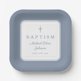 Modern Dusty Blue Religius Cross Boy Baptism Pappteller