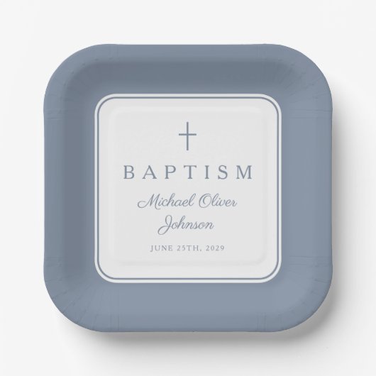 Modern Dusty Blue Religius Cross Boy Baptism Pappteller (Vorderseite)