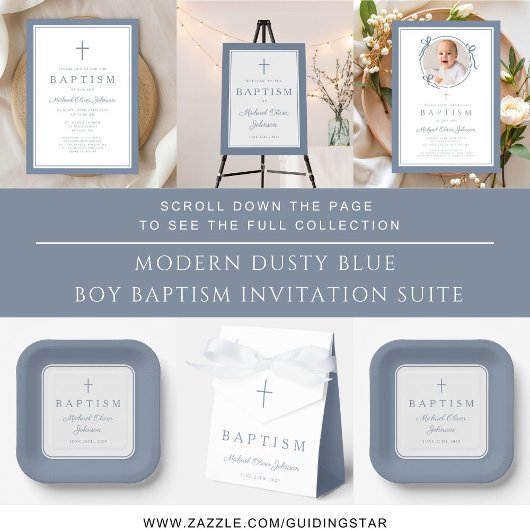 Modern Dusty Blue Religius Cross Boy Baptism Pappteller