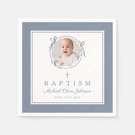 Modern Dusty Blue Religius Cross Boy Baptism Serviette (Vorderseite)