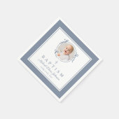 Modern Dusty Blue Religius Cross Boy Baptism Serviette (Ecke)