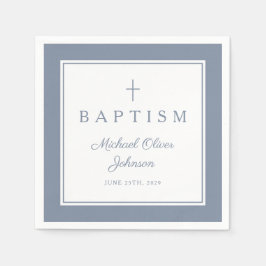 Modern Dusty Blue Religius Cross Boy Baptism Serviette