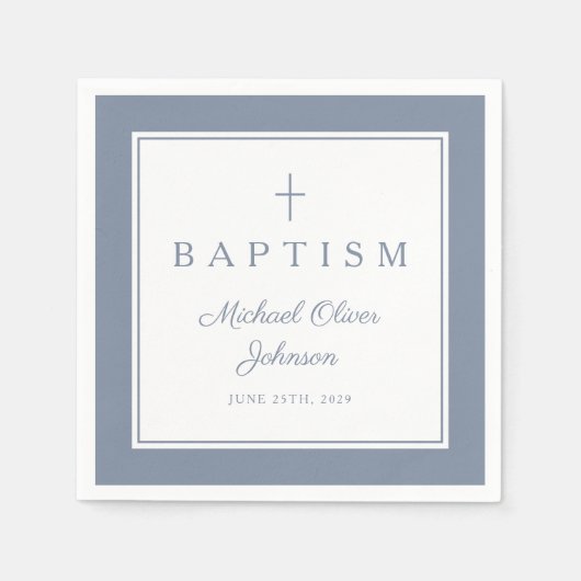 Modern Dusty Blue Religius Cross Boy Baptism Serviette (Vorderseite)