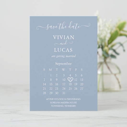Modern Dusty Blue Script Calendar Save the Date Einladung (Stehend Vorderseite)