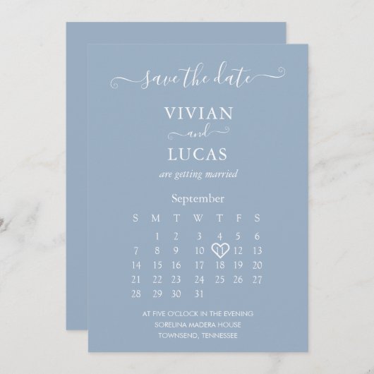 Modern Dusty Blue Script Calendar Save the Date Einladung (Vorne/Hinten)