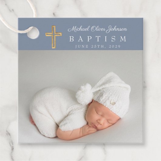 Modern Dusty Blue Script Foto Taufe Vielen Dank Geschenkanhänger (Vorderseite)