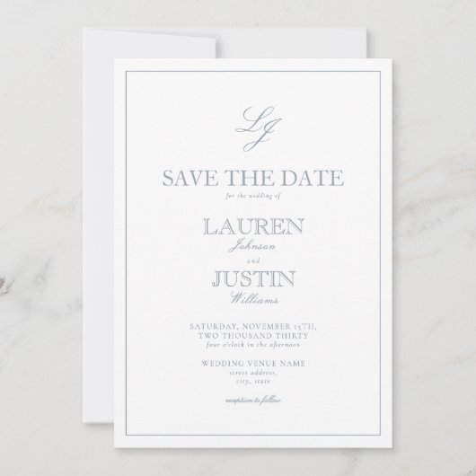 Modern Dusty Blue Script Monogram Save the Date Einladung (Vorderseite)