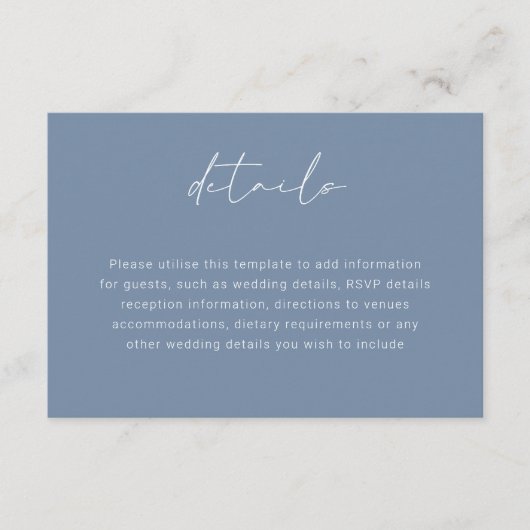 Modern Dusty Blue Script Wedding Details Begleitkarte (Vorderseite)