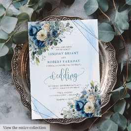 Modern Dusty Blue Silver Floral Wedding Einladung