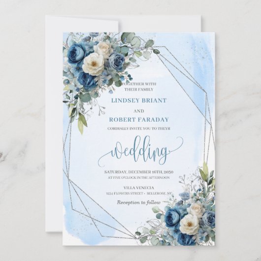 Modern Dusty Blue Silver Floral Wedding Einladung (Vorderseite)