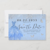 Modern Dusty Blue Silver Glitzer Gown Quinceanera Save The Date (Vorderseite)