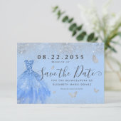 Modern Dusty Blue Silver Glitzer Gown Quinceanera Save The Date (Stehend Vorderseite)