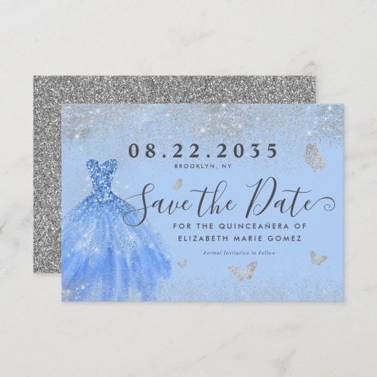 Modern Dusty Blue Silver Glitzer Gown Quinceanera Save The Date (Vorne/Hinten)