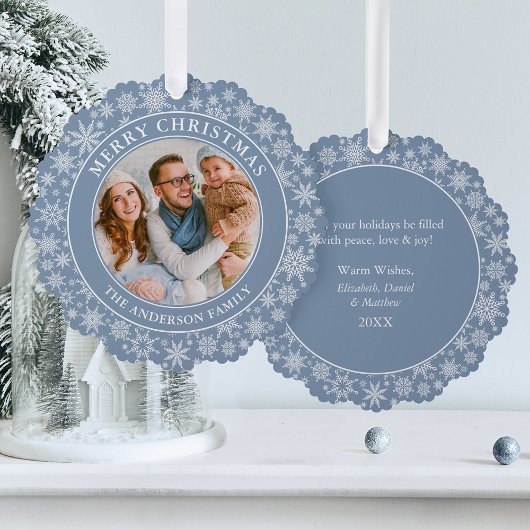 Modern Dusty Blue Snowflakes Frohe Weihnachten Fot Ornament Karte