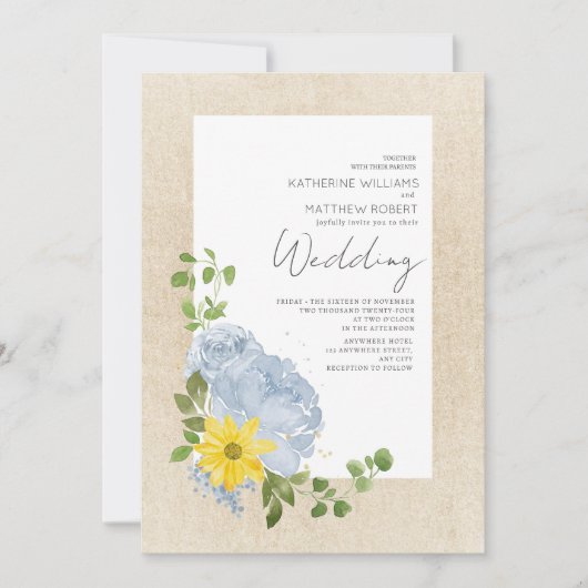 Modern Dusty Blue Sonnenblumenblume Boho Wedding Einladung (Vorderseite)