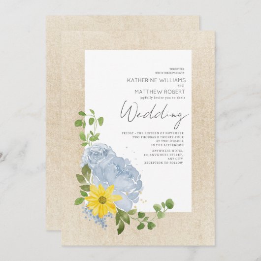 Modern Dusty Blue Sonnenblumenblume Boho Wedding Einladung (Vorne/Hinten)