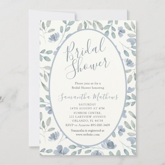 Modern Dusty Blue Watercolor Bridal Shower Einladung (Vorderseite)