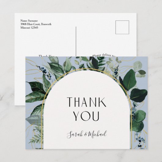 Modern Dusty Blue Watercolor Greenery Danke Postkarte (Vorne/Hinten)