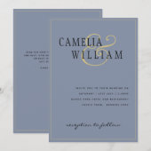 Modern Dusty Blue Wedding Einladung Gold (Vorne/Hinten)