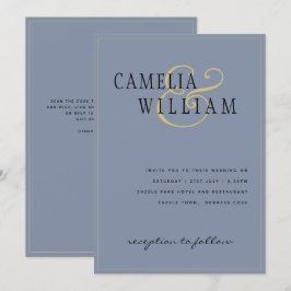 Modern Dusty Blue Wedding Einladung Gold