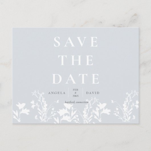 Modern Dusty Blue White Floral Save the Date Postkarte (Vorderseite)