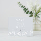 Modern Dusty Blue White Floral Save the Date Postkarte (Stehend Vorderseite)