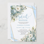 Modern Dusty Blue White Peonies Sweet 16 Einladung (Vorderseite)