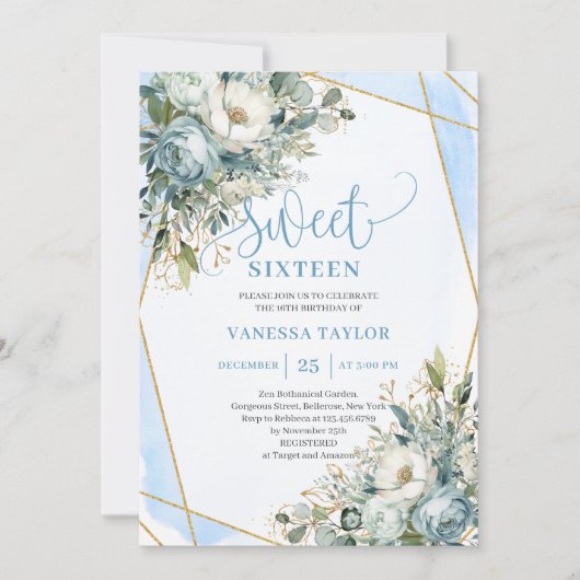 Modern Dusty Blue White Peonies Sweet 16 Einladung (Vorderseite)
