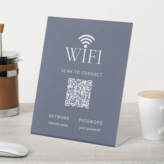 Modern Dusty Blue WiFi Network Password QR Code Sockelschild (In SItu)
